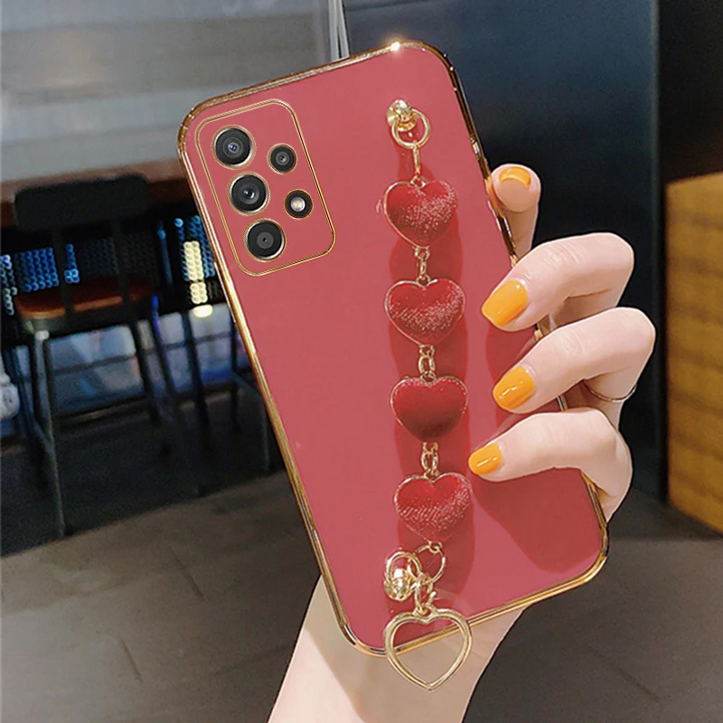 thumbnail image 1 of Love Heart Plush Bracelet Case For Samsung Galaxy A14 A15 A24 A25 A34 A54 A04S A05 A13 A23 A32 A52 Chain Plating Silicone Cover, 1 of 5
