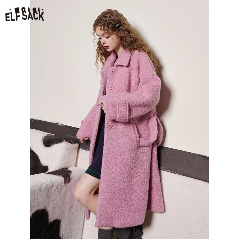 ELFSACK Pink Warm Wool Coats Women 2023 Winter Sweety Loose Long Outwears