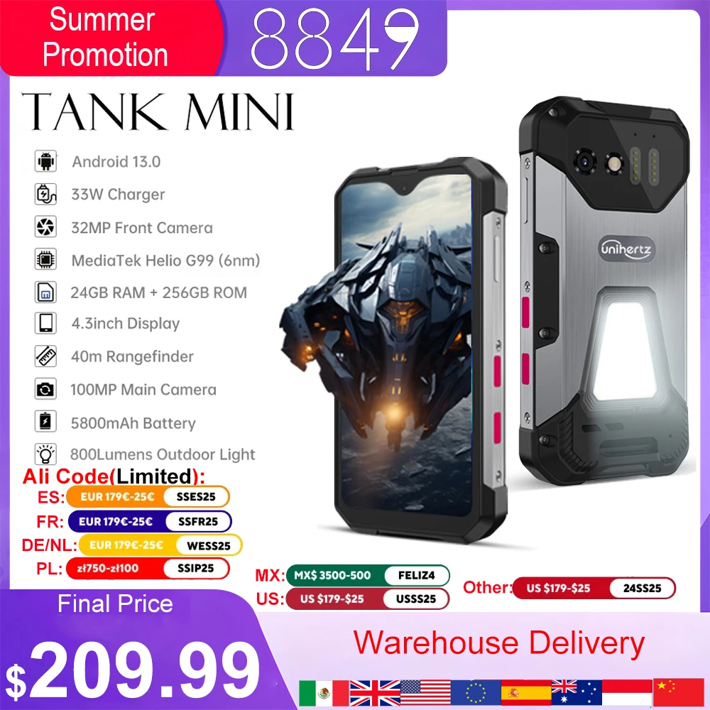 8849 탱크 미니 러기드 머신, 4.3 인치 디스플레이, 안드로이드 13, Helio G99 옥타 코어, 24GB 256GB, 100MP 카메라, 5800mAh,IP68
