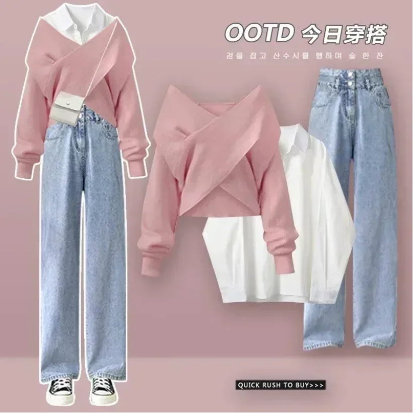 

Осенне-зимний модный женский комплект для уменьшения возраста, новинка 2023, корейский вязаный свитер, Повседневная рубашка, облегающие джинсы, комплект из трех предметов