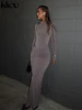 kliou Shirring Women Classic Maxi Dress Autumn New Solid Long Sleeve High Collar Body-shaping Vestidos Mujer Concise Trend Robe 4