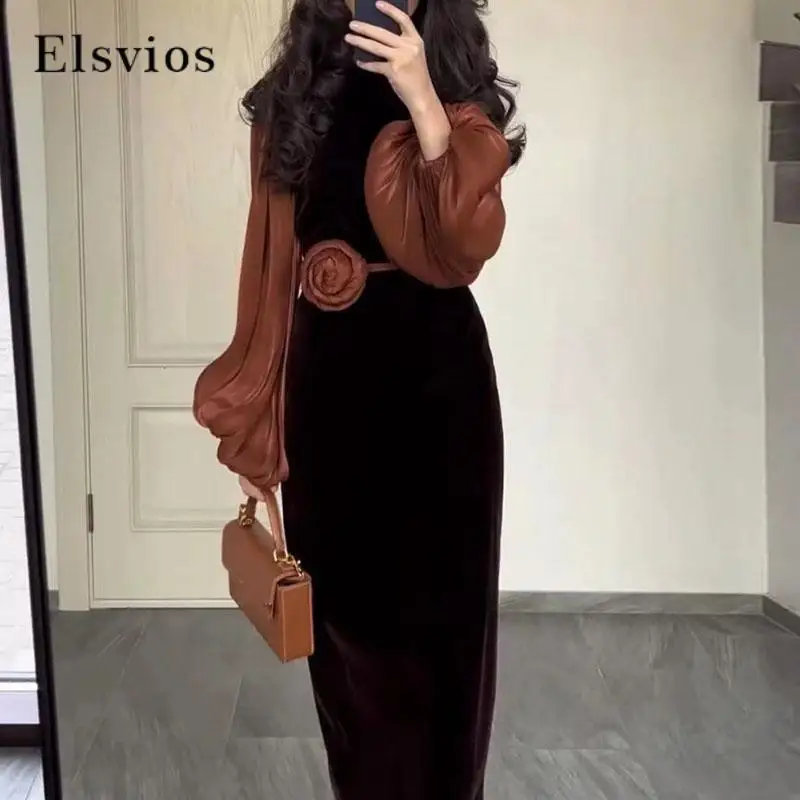 

2024 Splicing Slim Lantern Sleeve Evening Dress Elegant Temperament Party Dress Fashion O-Enck Waist Flower Decorative Dresses