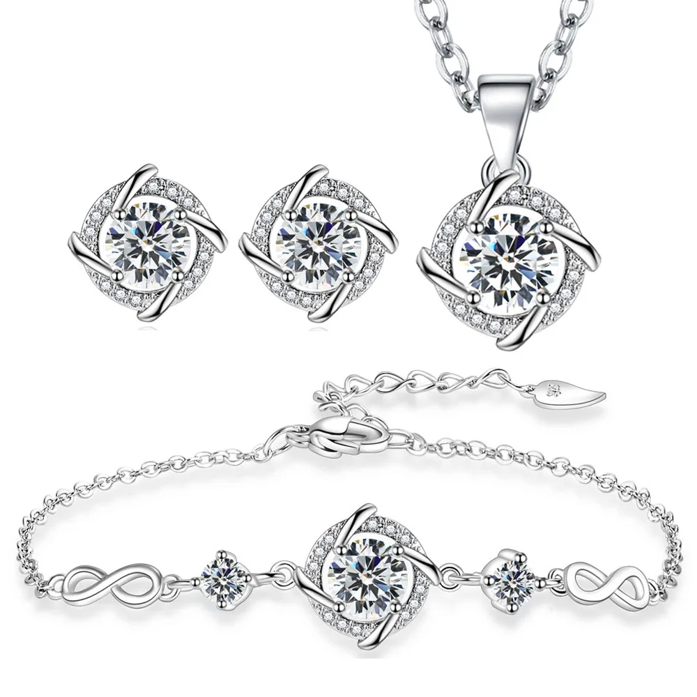 925 Sterling Silver Stud Earrings Crystal Clover Link Bracelets Necklace Jewelry Sets For Women Trendy jewelry set,silver jewelry,silver jewelry set,crystal jewelry set