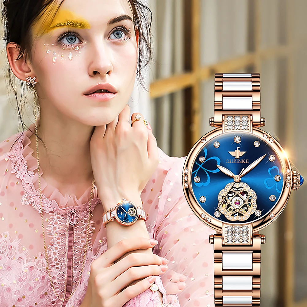 

OUPINKE Luxury Automatic Mechanical Women Watch Sapphire Crystal Mirror Elegant Ceramics Watchband Women Watches Relógio senhora