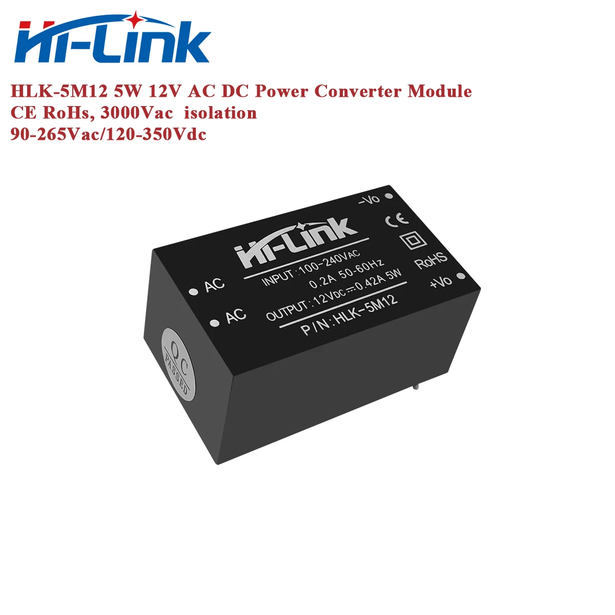HiLink 100pcs HLK-5M12 220V to 12V 5W AC DC Power Supply Converter Module CE RoHs