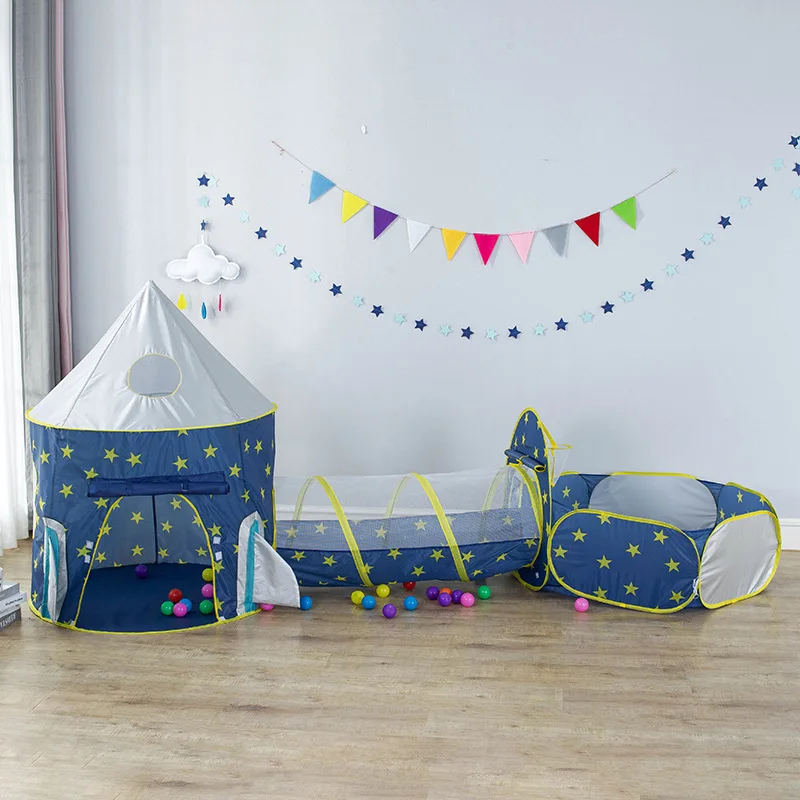 3 in 1 Portable Rocket Children's Tent Toys Camping Tent Kids Ball Pool  for Children Play House Crawling Tunnel Pop-up Tent 3