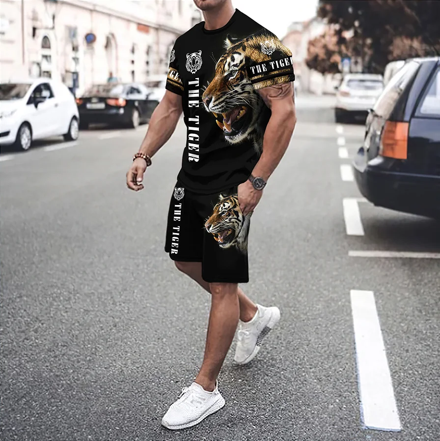 

3D tiger lion print round neck short sleeved T-shirt and shorts 2-piece set for men's summer fashion vacation clothing set