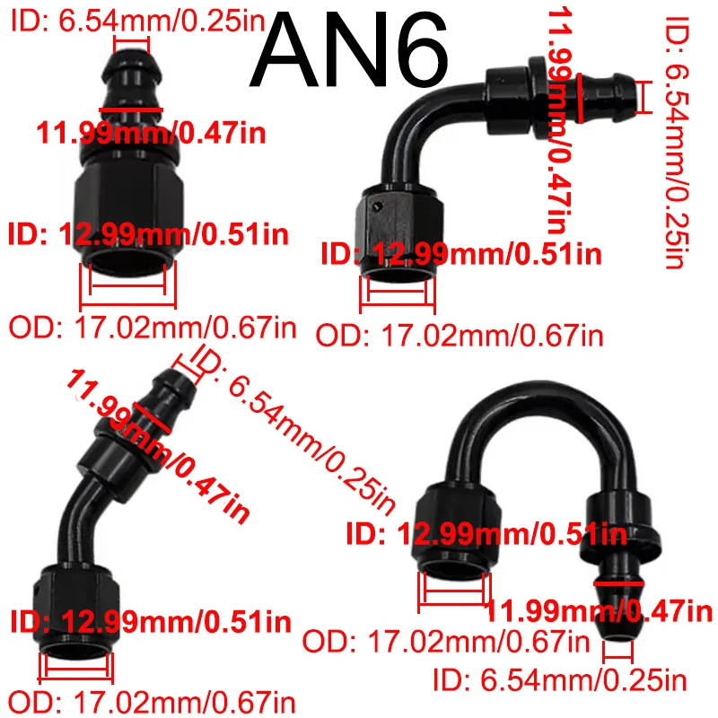 Uuiversal Aluminum AN4 AN6 AN8 AN10 AN12 Car Oil Fuel Fitting Oil Fuel Push On Hose 0 90 45 180 Degree Rubber Tube Hose End
