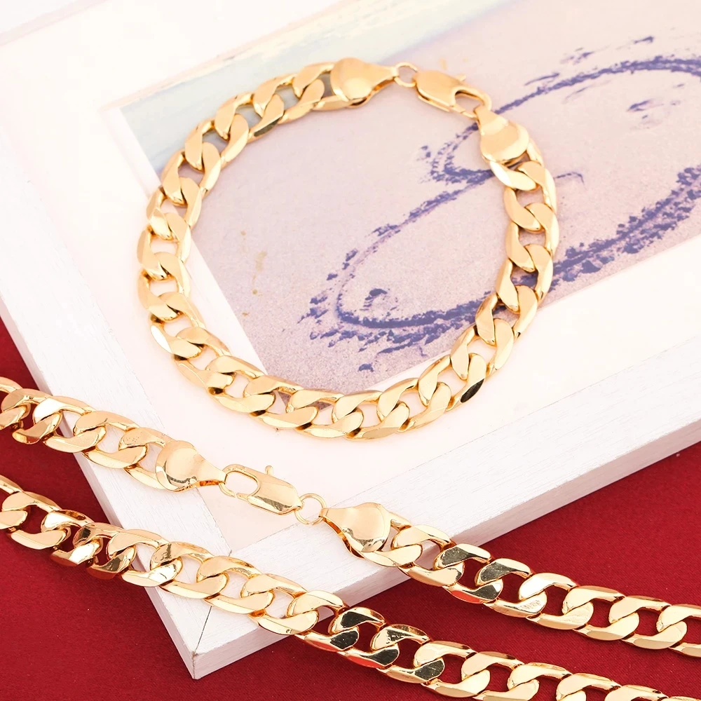 

Luxury designer Silver Plated 18K Gold Color pretty 6MM Chain Bracelet Neckalce for Women Men Wedding Jewelry Set