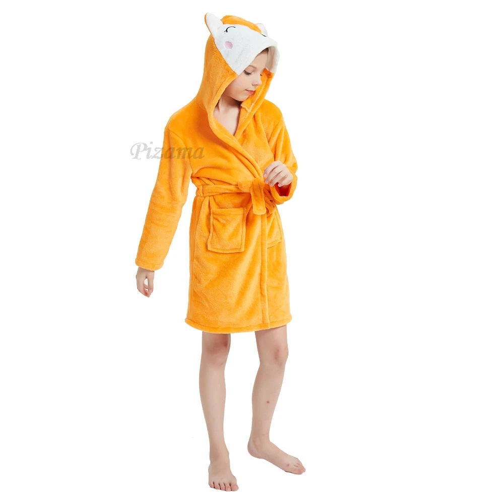 Girls and Boys Fox Kigurumi Animal Cartoon Bathrobes Winter Warm Flannel Bath Robe with Belt Kids Pajamas Sleepwear Homewear kids pajamas set flannel pajamas child bathrobe kids robe