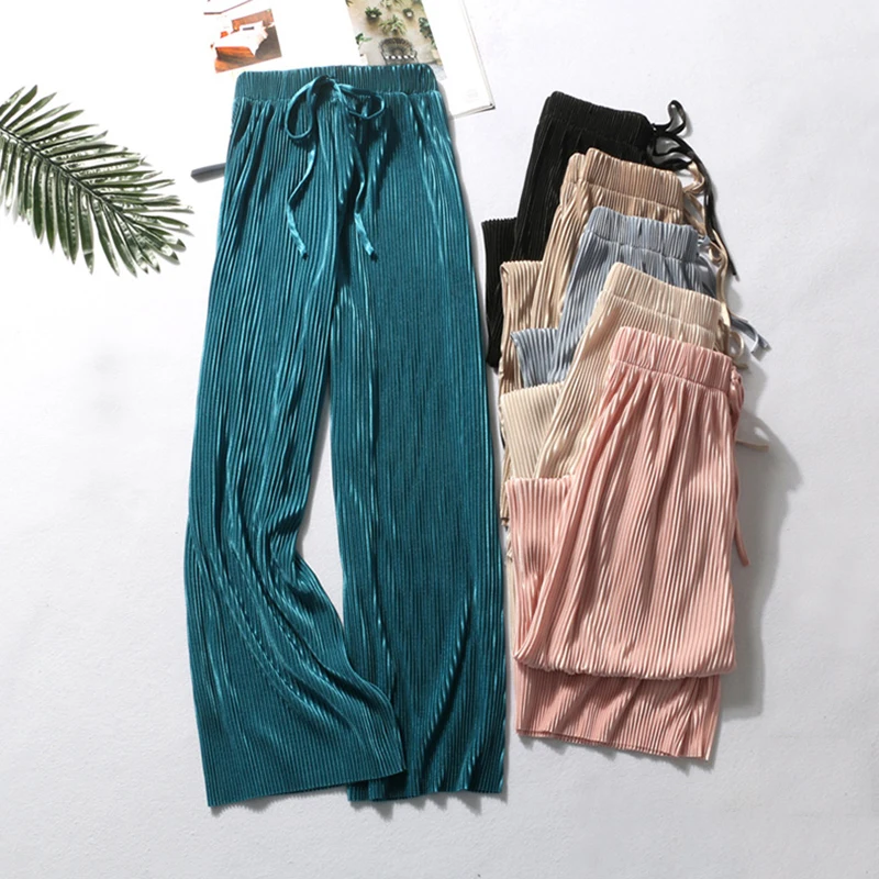 

2023 Women's Pleated Loose Ice Silk Korean Casual Cropped Pants Wide Leg Trouse Home Classic Sports Wear Girls Clothes Black Top