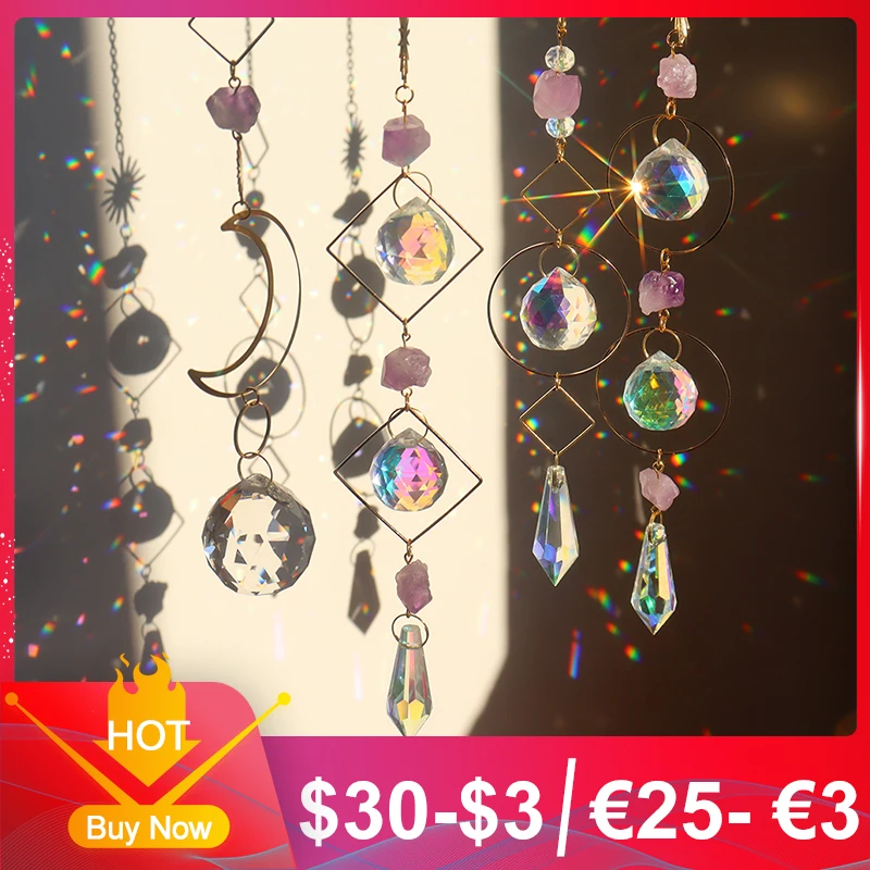 Crystal Sun Catchers Prisms Hanging Rainbow Chaser Love Star Moon for Window Curtains Pendant Home Garden Car Lamp Decor Gifts