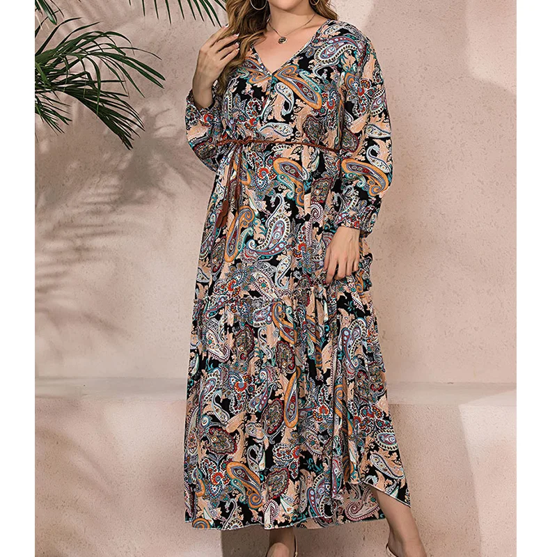 Spring Summer Women's Clothing Vintage Paisley Figure Print V-Neck Lacing Loose Long Sleeve Plus Size Swing Irregular Long Dress