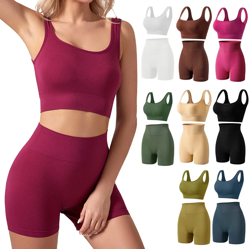 Workout Outfits Sets for Women,Seamless Backless Tank Sport Bra High Waist Short,Yoga Gym Matching Active Set