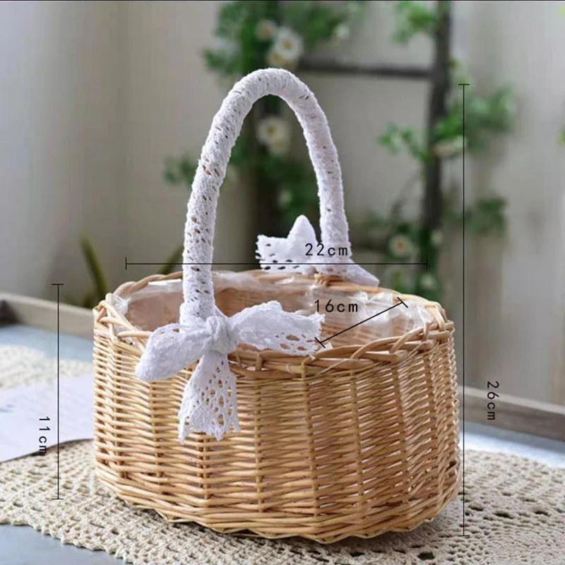 Wedding Woven Storage Basket with Handle and Ribbon Wicker Rattan Flower Basket for Wedding Birthday Party Home Garden Decor 3