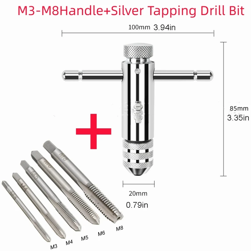 Description Picture 4 of itemAdjustable Silver T-Handle Ratchet Tap Holder Wrench with 5pcs M3-M8 3mm-8mm Machine Screw Thread Metric Plug T-shaped Tap