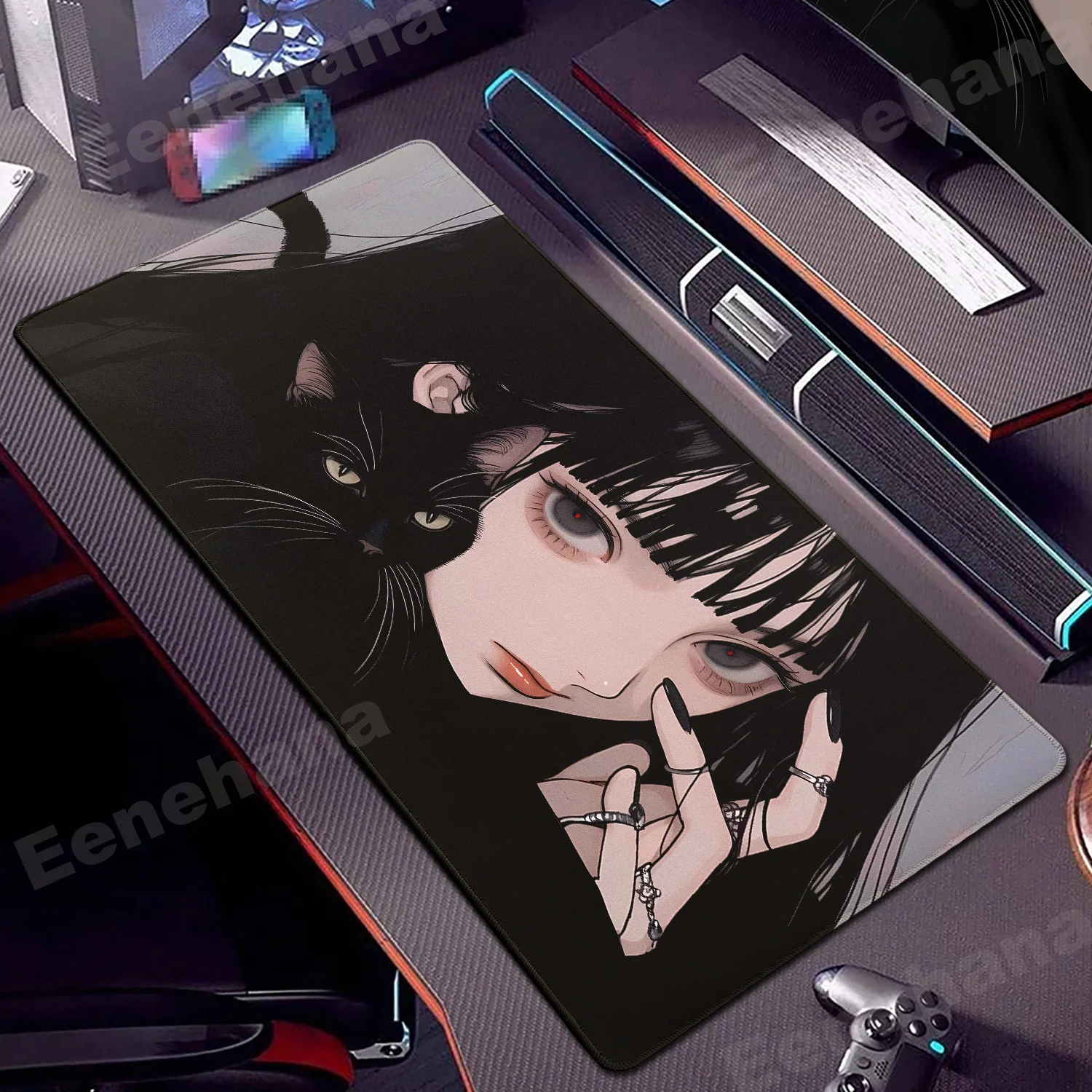 Gothic Anime Devil Mask Mousepad – Large Rubber Gaming Desk Mat with Locking Edge and HD Print