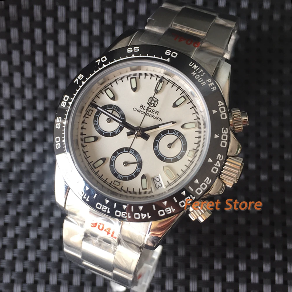 

BLIGER Japan VK63 Movement Quartz Chronograph Fashion Watch 39mm Sapphire Glass White panda Dial Date Silver black 904L bracelet