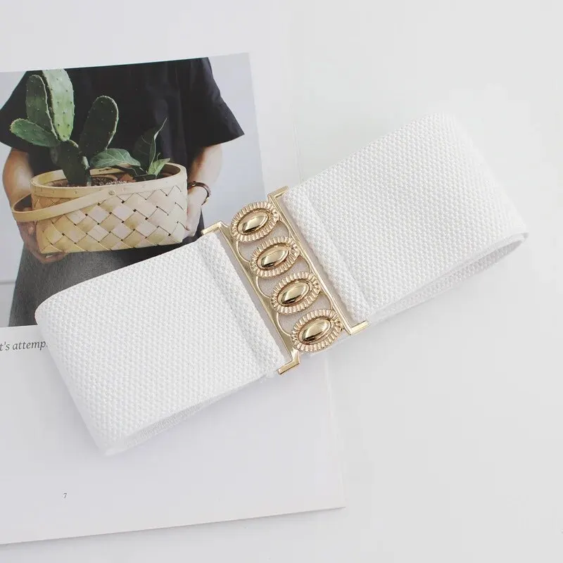 Women Belt Fashion Elastic Waist Cover Golden Buckle Elastic Waist Closure Versatile Wide Belt Paired With Dress Coat Lady Belts
