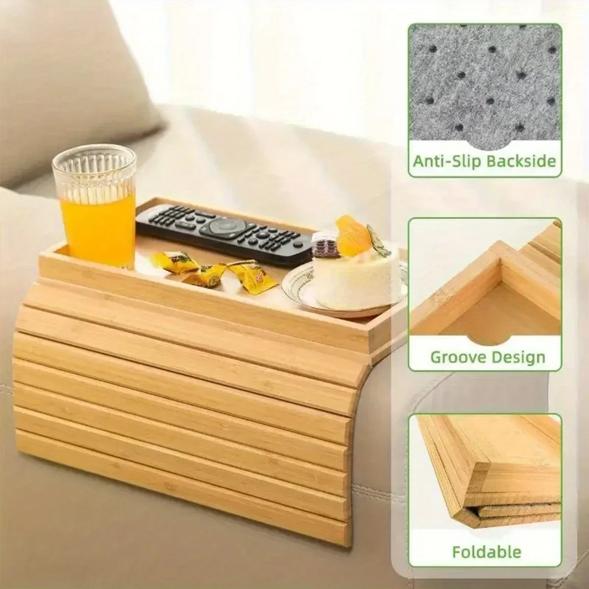 Sofa Armrest Tray Collapsible Bamboo Sofa Armrest Table, Non-slip Tray with Cup Holder, Snack Side Table