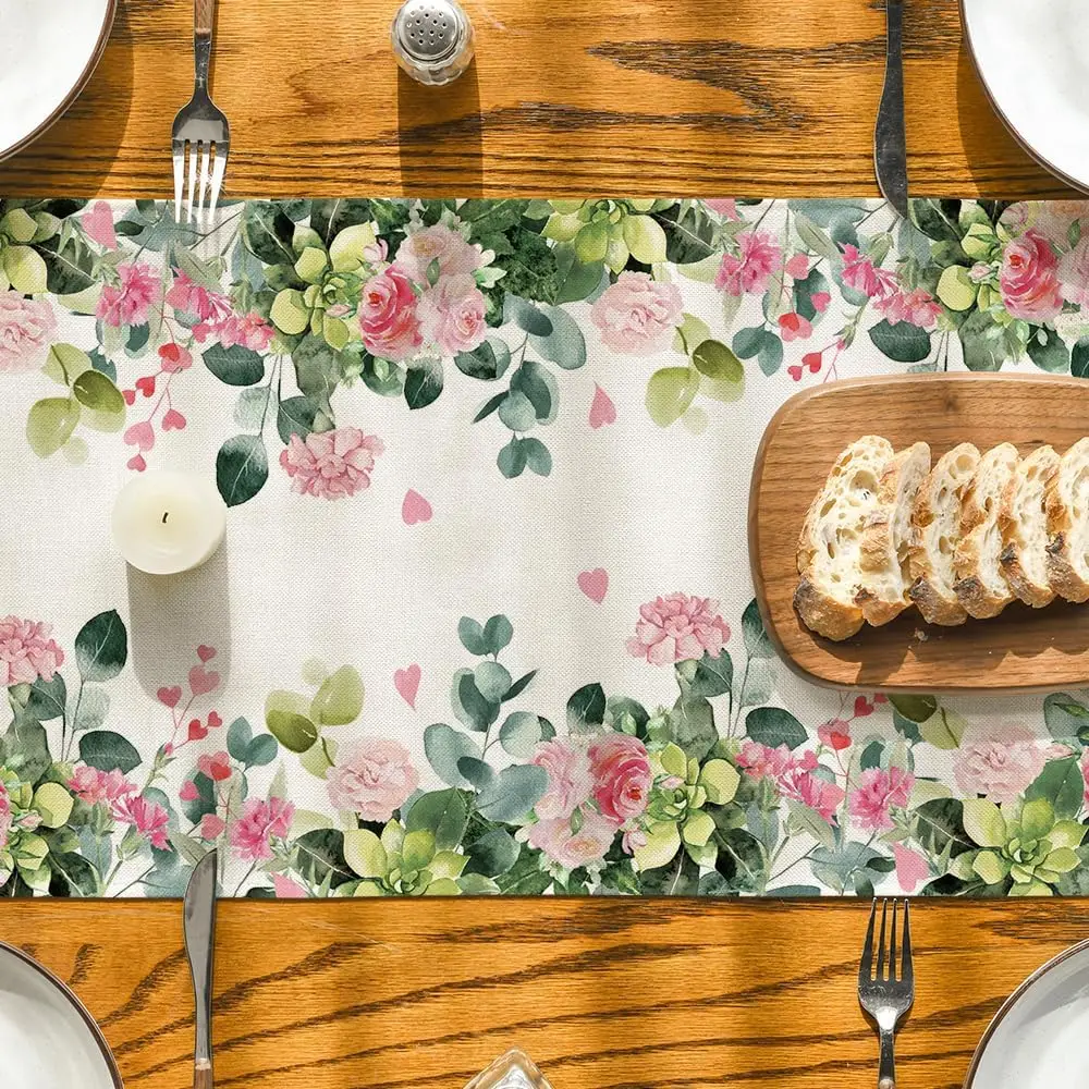Spring Leaves Pink Flowers Linen Table Runner Holiday Party Decor Farmhouse Kitchen Dining Table Runner Mother's Day Decorations 3