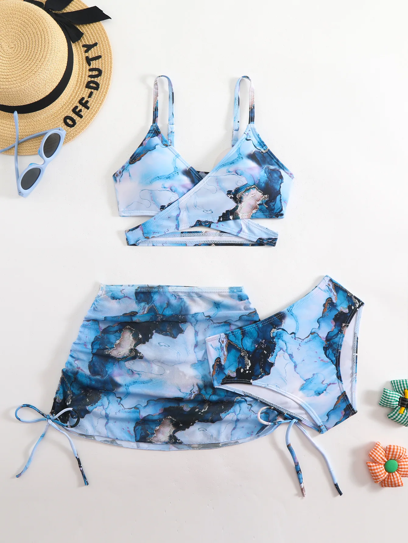 3pcs Swimming Suit for Girls Summer Beach Dress Swimsuit Tie-dye Printed Skirted Bikini Set Kids Bathing Suit