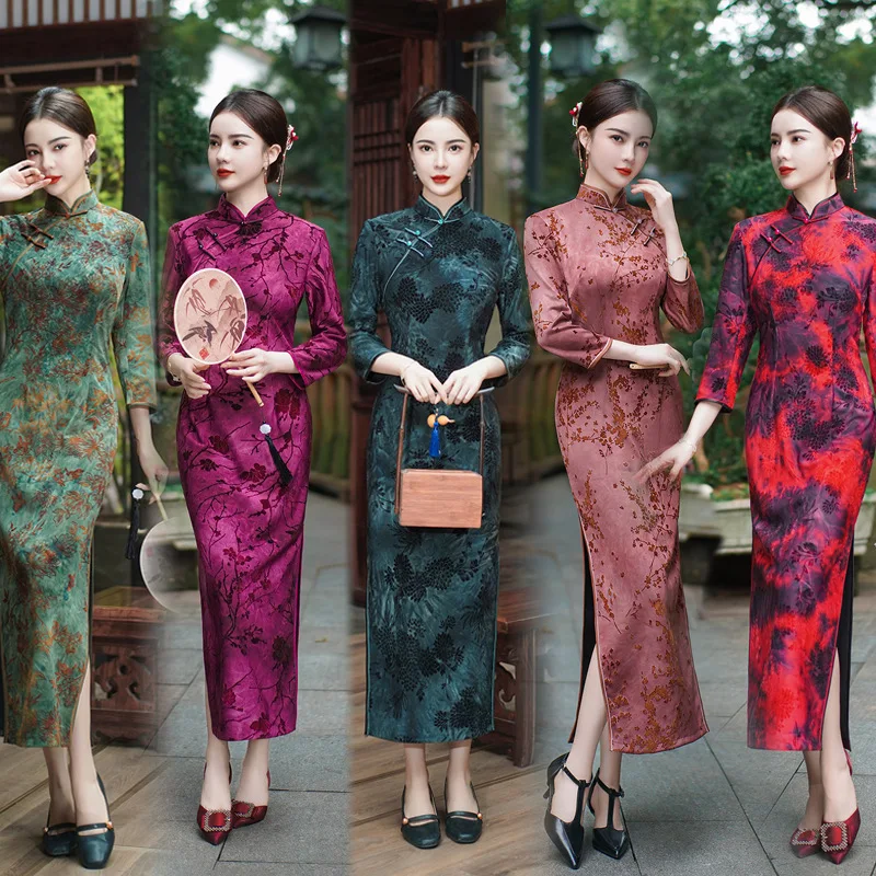 

Yourqipao Autumn Improved Composite Velvet Cheongsam Banquet Performance Plus Size Long Qipao Chinese Style Wedding Dress Women