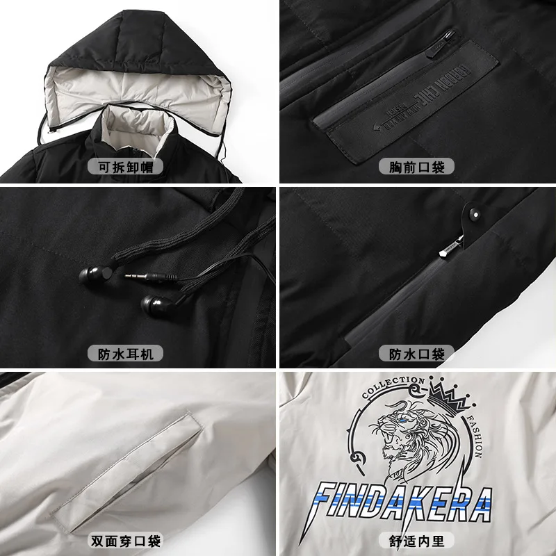 Mens Fashion Letter Print Double Sided Wearable Jacket 2022 Winter Thickened Warm Removable Hooded Padded Jackets Korean Clothes