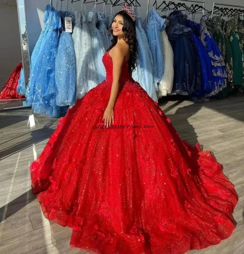 

ANGELSBRIDEP блестящее красное бальное платье с блестками, платья для Quinceanera, милое платье с блестками, индивидуальное платье
