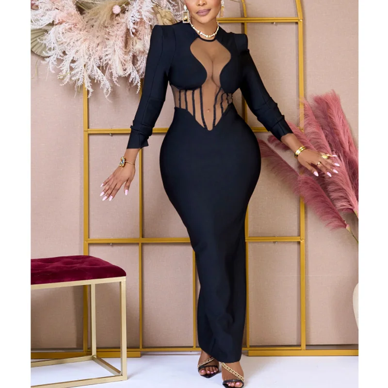

2024 Spring Sexy Black Dress for Women See Through Gauze Patchwork Shoulder Pads Package Hip Skinny Bodycon Clubwear Vestidos
