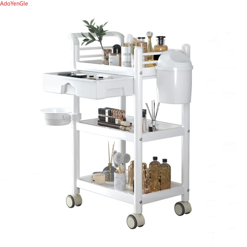 Simple Wrought Iron Salon Trolleys Multi-layer Rack Modern Salon Furniture Beauty Creative Household Trolley Wheels multi layer storage trolley