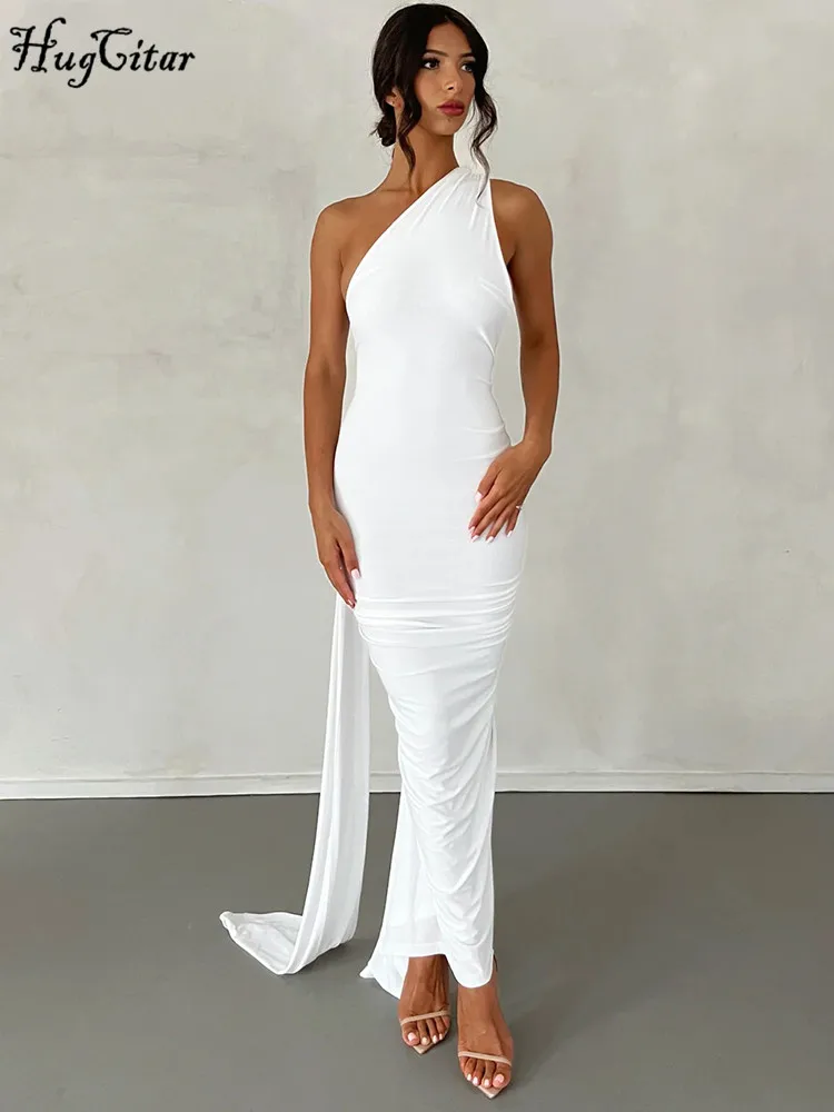 Hugcitar One Shoulder Backless Adjustable Scarf Loop Ruched Sexy Maxi Dress 2024 Women Elegant Y2K Streetwear Festival Outfit 4