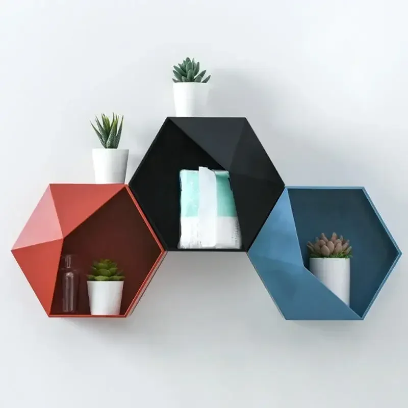 Nordic Style Wooden Decor Wall Mount Hexagonal Frame Books Toys Flower Pot Storage Shelf Holder Figurines Display Crafts Shelves 2
