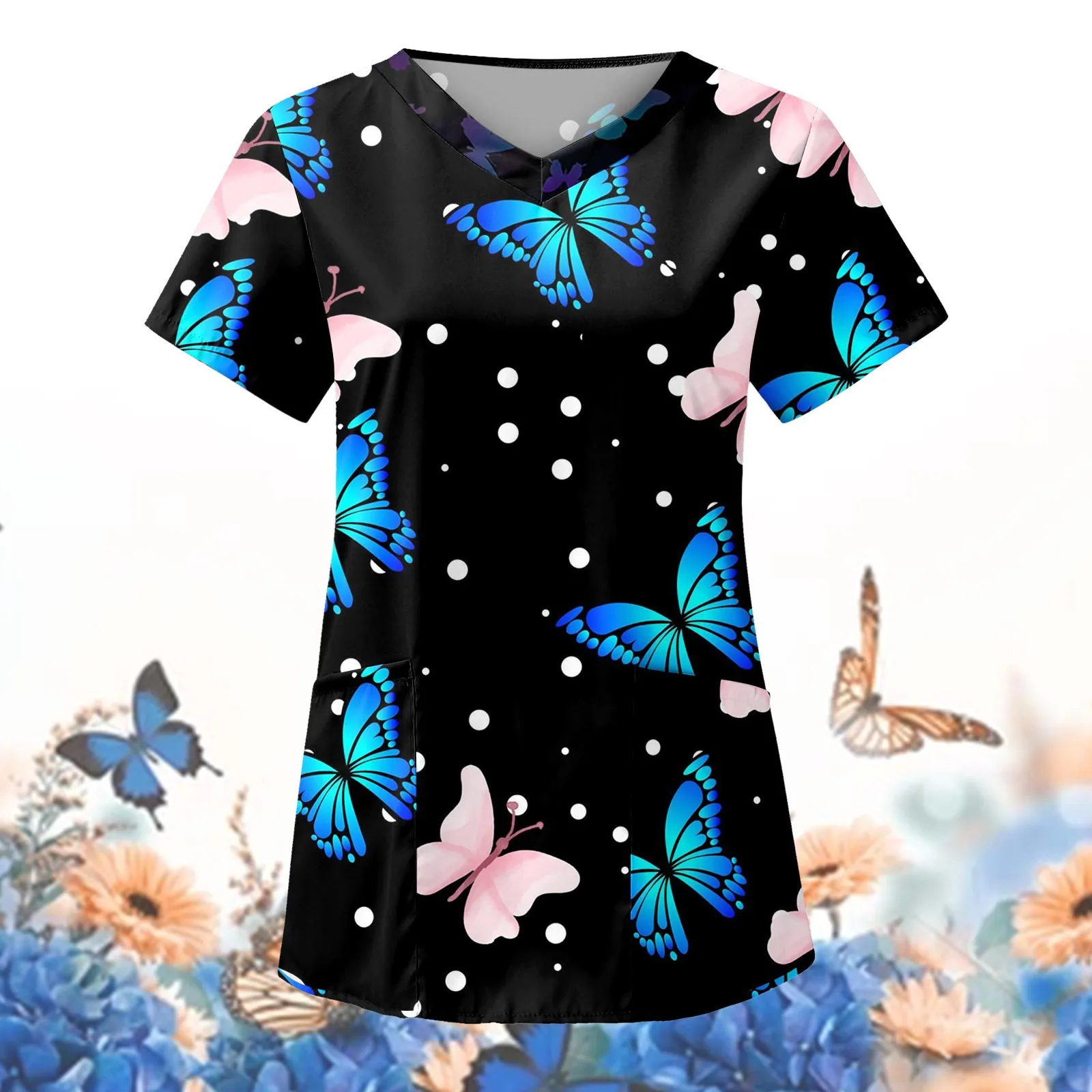 Healthcare Uniform Nurse Clinic Nursing Butterfly Workwear Hospital T-shirt Tops Short Sleeve Blouse Carer Working Women Medical medical tops