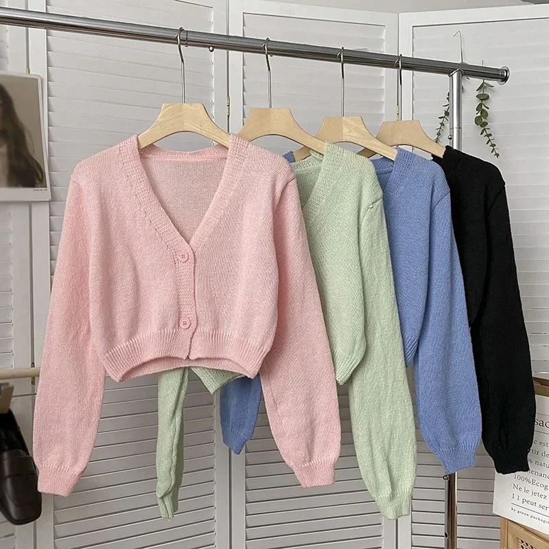 

Y2k Women Cardigan Sweater Knitted Cropped Korean Short Long sleeve Crop Top V neck Clothe