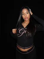 Trendy Y2K Print Two Piece Zip Hoodie and Pants Set for Women