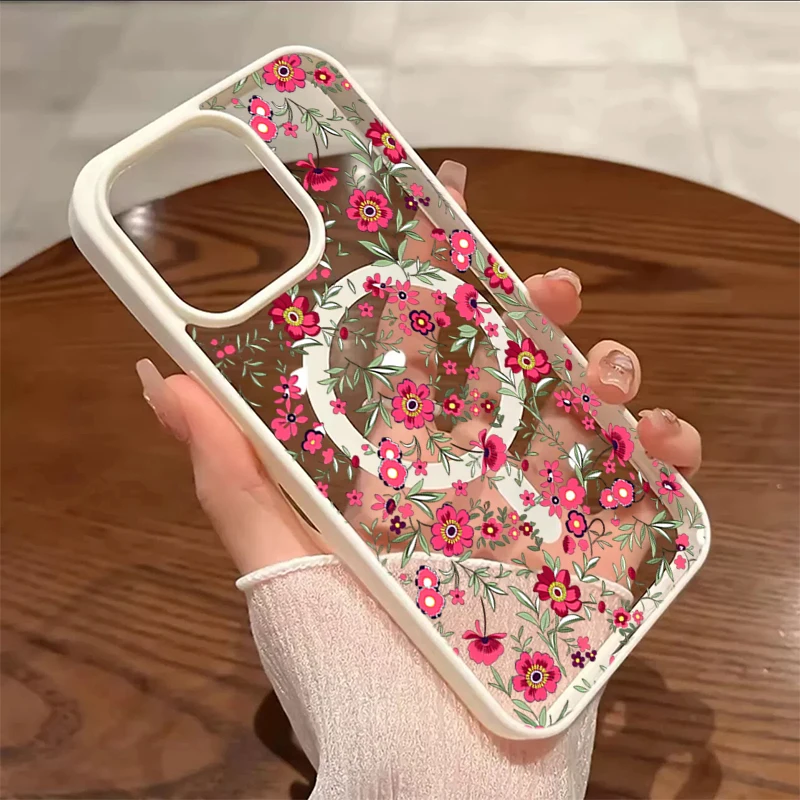 Magnetic Clear Phone Case with Green Leaf & Pink Floral Design