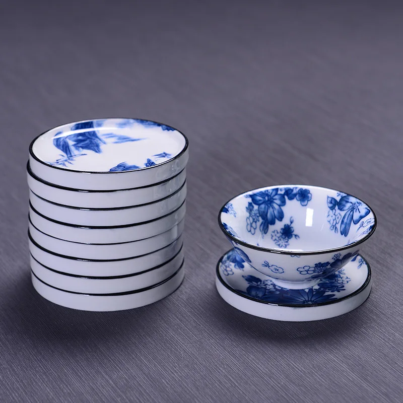 Ceramic Tea Cup Mat Anti-scalding Retro Handmade Blue and White Porcelain Saucer Household Kung Fu Tea Coaster Teacup Pad tea cup mat