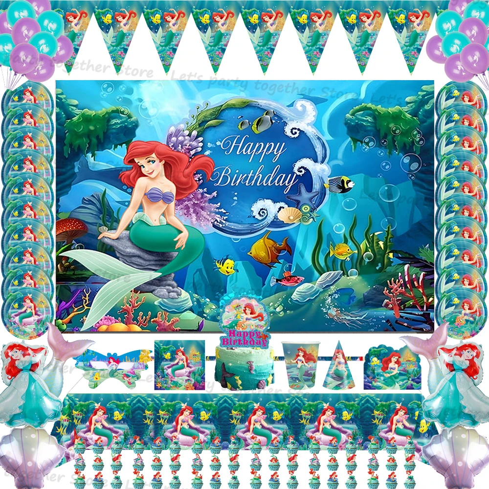 

Princess Ariel the Little Mermaid Birthday Party Supplies Children's Birthday Party Decoration Girl Family Tableware Accessories