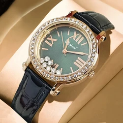 Luxurious Vintage Green Waterproof Women's Watch with Diamond - Studded Camellia Design (Black)