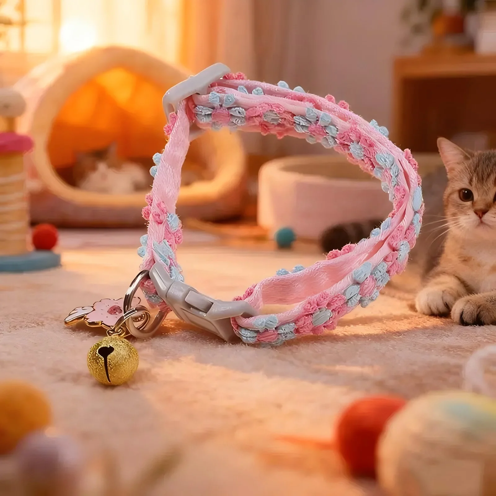 Cherry Blossom Embroidered Cat Collar with Bell – Breakaway Safety Buckle 4
