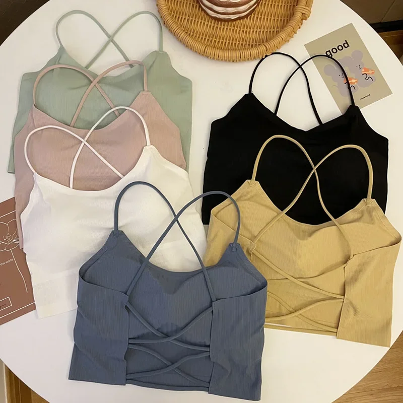1pc Women Sexy Solid Color Camisole Ice Silk Tube Seamless Sports Tank Top Wireless Underwear Padded Bra Bralette Vest