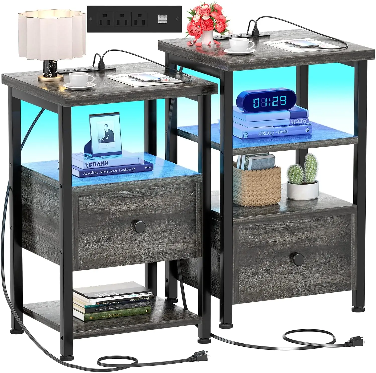Nightstands Set of 2, 3-Tier Nightstand with LED Lights, 26.8'' Charging Station and USB Ports, Adjustable Wood Drawers, End Tab