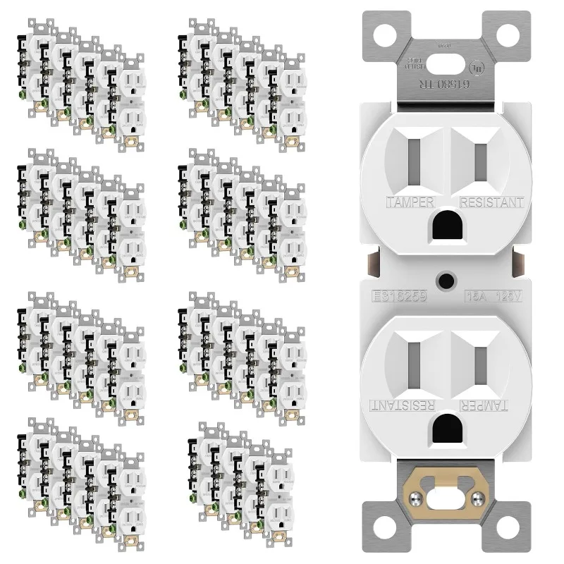 

ENERLITES 61580-TR-W-40PCS дуплексная розетка, устойчивая к взломам, для жилых помещений, 3-проводная, с самозаземлением