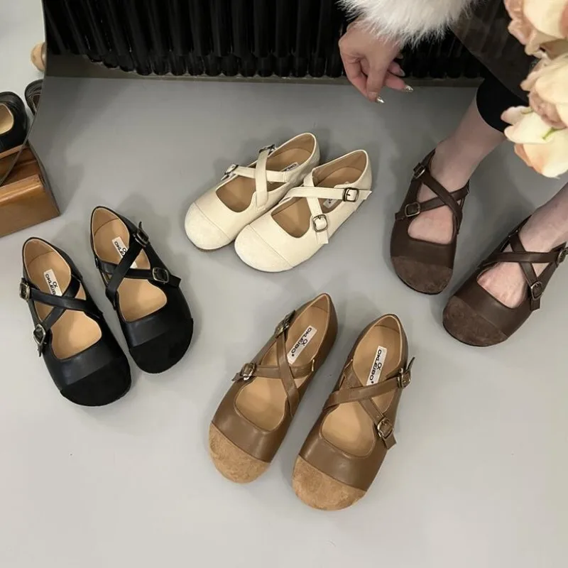 

2023 NEW Spring Autumn Retro Ugly Cute Women Flats Soft Sole Round Toe Shallow Cross Belt Ladies Casual Mary Janes Shoes