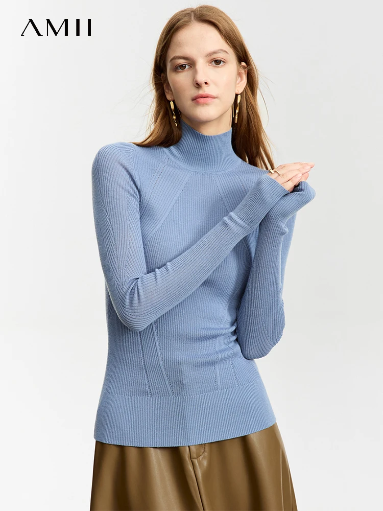 

AMII Minimalist Turtleneck Sweaters for Women 2023 Winter New Slim-fit Basics Long Sleeve Warm Spliced Base Pullovers 12324055