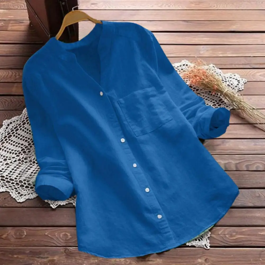 

Топ женский дышащий с V-образным вырезом, свободный крой, длинный рукав, однотонная идеальная уличная одежда на пуговицах, весна-осень