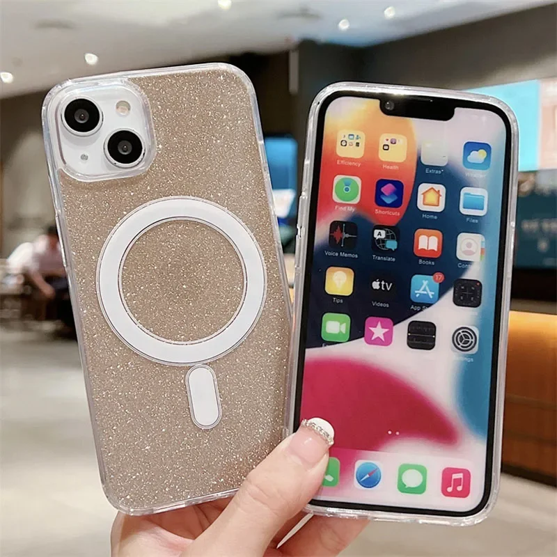 Luxury Glitter Clear Magnetic Phone Case For iPhone 15 14 Plus 13 12 11 Pro Max For Magsafe Wireless Charging Shockproof Cover