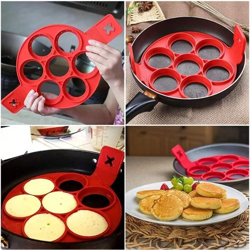 7-Cavity Silicone Pancake & Egg Ring Mold - Non-Stick Round Baking Tool  for  Breakfast  Sandwiches  and  Omelets  (Red)