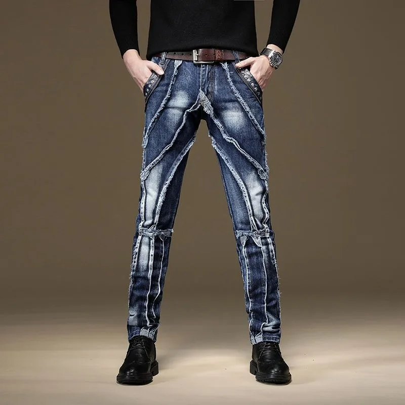 

High Quality Men’s Slim-fit No Stretch Blue Jeans,Light Luxury Edge Frayed Decors Sexy Jeans,Stylish Street Fashion Jeans;